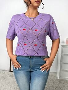 Celure 女士大尺碼櫻桃刺繡插肩袖針織上衣 - 紫色 - 查看 3