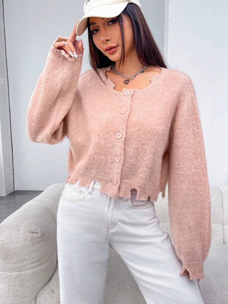 Drop Shoulder Distressed Fluffy Cardigan