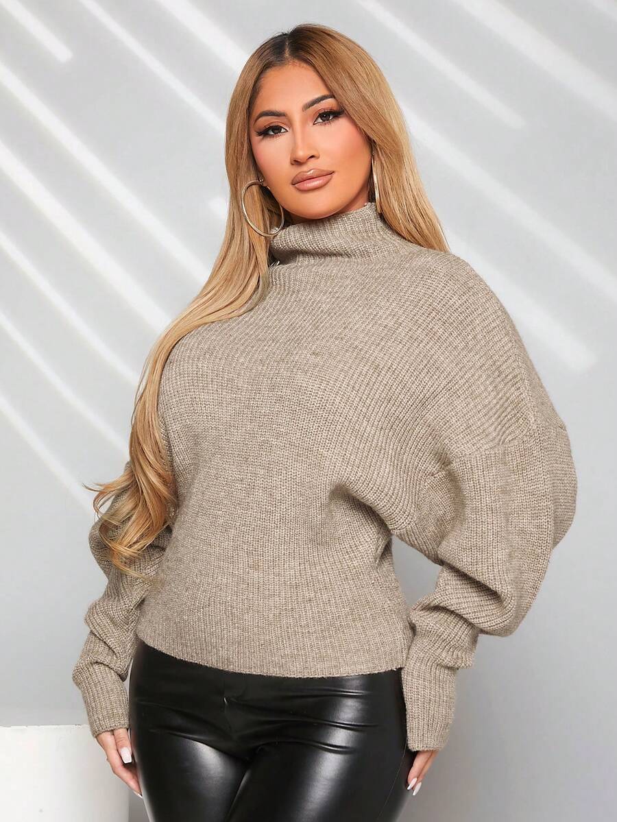 SHEIN SXY 女款純色高領蝙蝠袖毛衣 - 灰色 - 查看 1