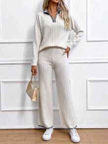 Chiquease Contrast Trim Raglan Sleeve Zipper Front Sweater & Knit Pants