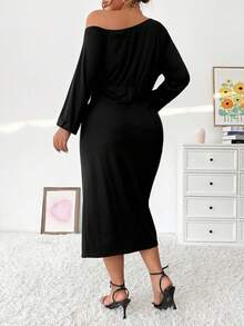 Celure One-shoulder Exposed Hem Slit Plus Size Dress - Black - View 2