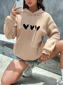 SHEIN EZwear 女士心形印花束口連帽衛衣 - 卡其色 - 查看 3