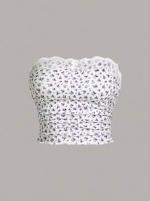 SHEIN Qutie 女士花卉印花蕾絲拼接蝴蝶結裝飾無肩帶上衣 - 紫色 - 查看 1