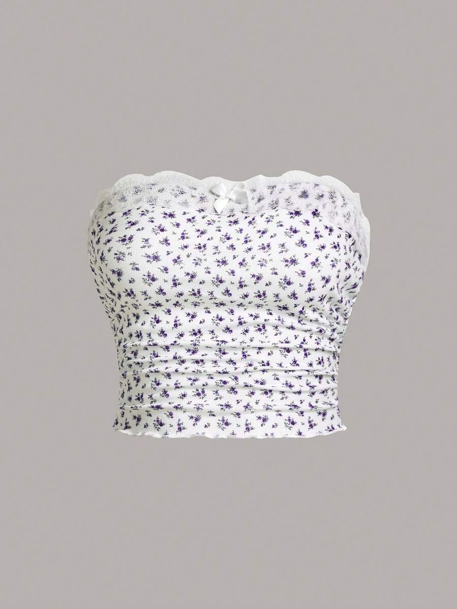 SHEIN Qutie 女士花卉印花蕾絲拼接蝴蝶結裝飾無肩帶上衣 - 紫色 - 查看 1