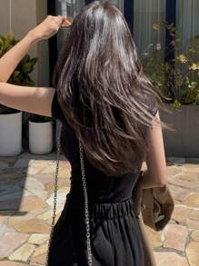 DAZY 女用蓋袖合身 T 卹 - 黑色 - 查看 2