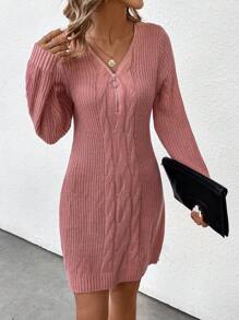 SHEIN LUNE 女款長袖絞花針織毛衣洋裝 - 粉色 - 查看 6