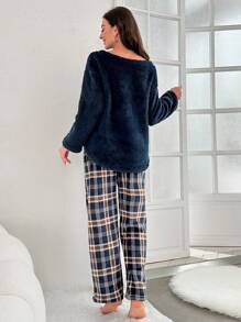 Women's Flannel Plaid Pajama Set - Navy Blue - View 2