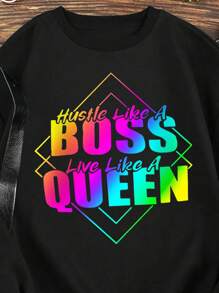 INAWLY 女士多彩字母印花連帽衫 - 黑色 - 查看 3