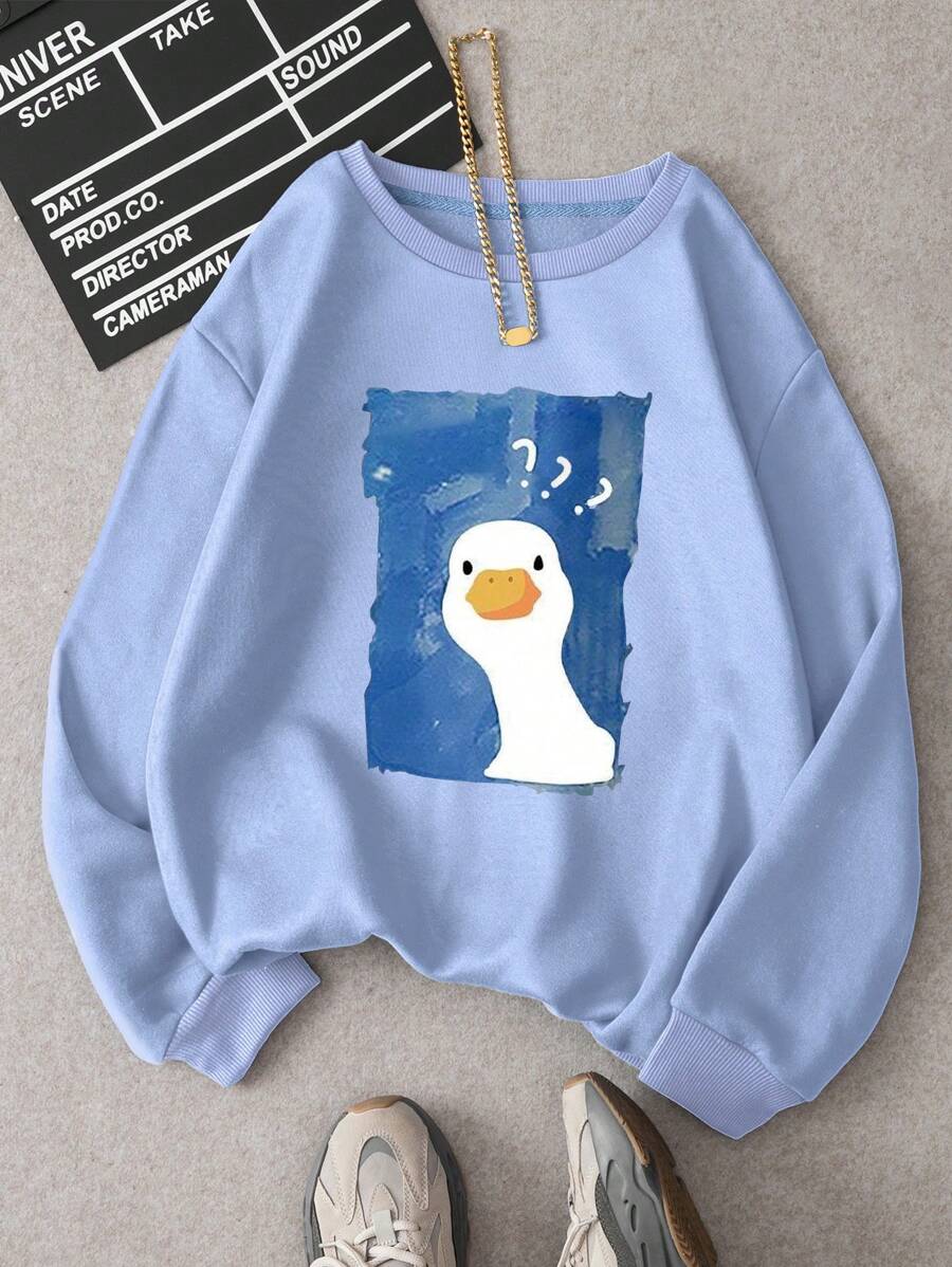INAWLY Women's Cartoon Duck Pattern Drop Shoulder Fleece Sweatshirt - Baby Blue - View 1