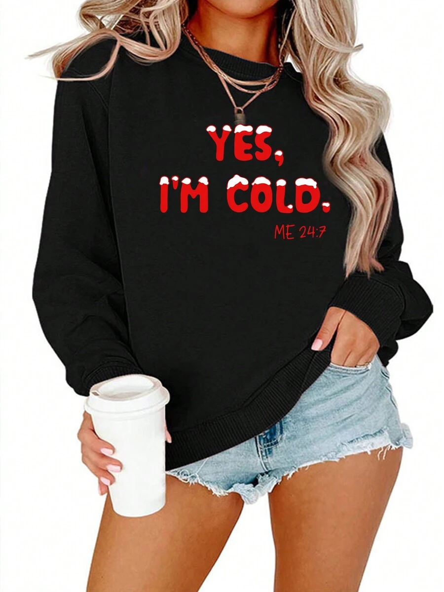 SHEIN LUNE 女款圓領字母印花黑色長袖運動衫 - 黑色 - 查看 1