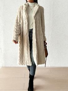 SHEIN Essnce 開衫毛絨質地常規外套 - 杏色 - 查看 2