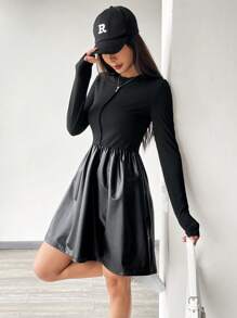 SHEIN EZwear 純色圓領長袖女裝連衣裙 - 灰色 - 查看 1
