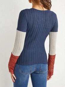 EMERY ROSE V-neck Lace Patchwork Contrast Color Long Sleeve T-shirt