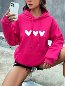 SHEIN EZwear 心形紋綁帶袋抽繩連帽衫 - 玫紅色 - 查看 5