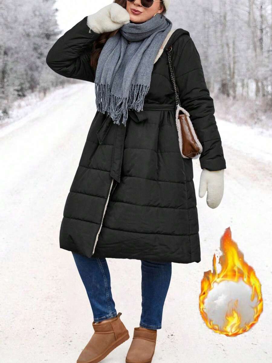 SHEIN LUNE Plus Slant Pocket Hooded Belted Padded Padded Coat Clothes Winter - Black - View 1