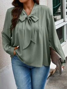 SHEIN Privé 大碼女式綁帶領口襯衫 - 橄欖綠 - 查看 5