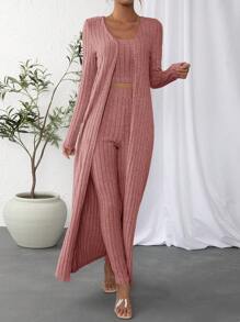 SHEIN Essnce Solid Rib-knit Tank Top & Leggings & Coat - Pink - View 5