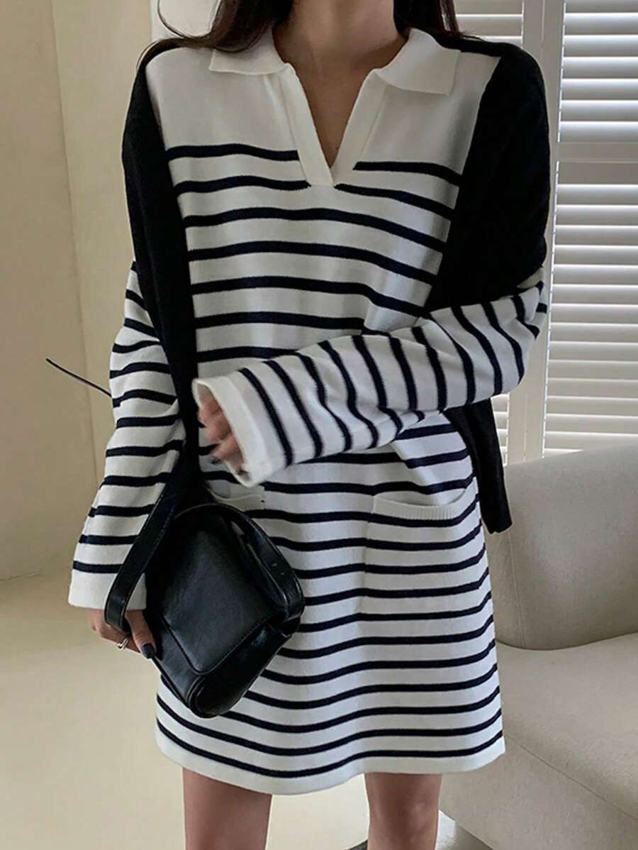 DAZY 女士有領條紋休閒毛衣連衣裙 - 黑與白 - 查看 1