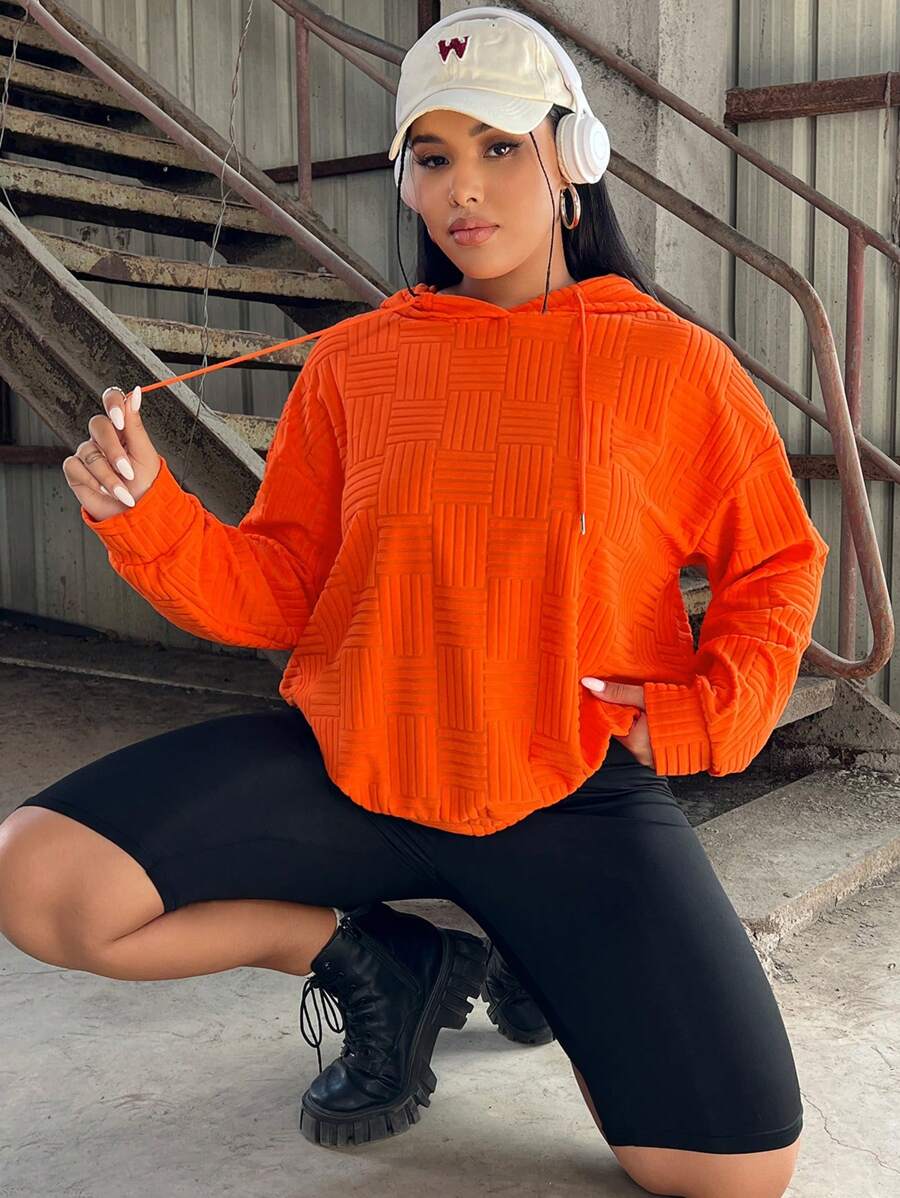 SHEIN EZwear 女士加大碼束口連帽紋理面料連帽衫 - 橘色 - 查看 1