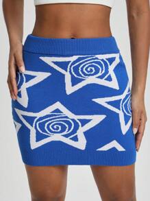 Rat Studio Artist Star Pattern Bodycon Elegant Sweater Skirt, For Holiday, Party, Vacation, Festival, Ibiza Fits - Blue - View 1