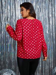 SHEIN Clasi 加大碼金點印花鑷孔圓領上衣 - 紅色 - 查看 2