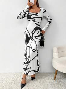 SHEIN Privé Của phụ nữ Đen Và Trắng Tay áo dài Hình vuông Đường viền cổ áo Đầm - Đen và trắng - Xem 3