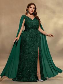 Plus Size Women Poncho Sleeve High Slit Sequin Dress - Dark Green - View 6