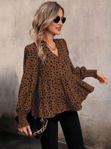 SHEIN Privé Women's Polka Dot Printed Peter Pan Collar Shirt With Notched Neckline - Coffee Brown - View 4