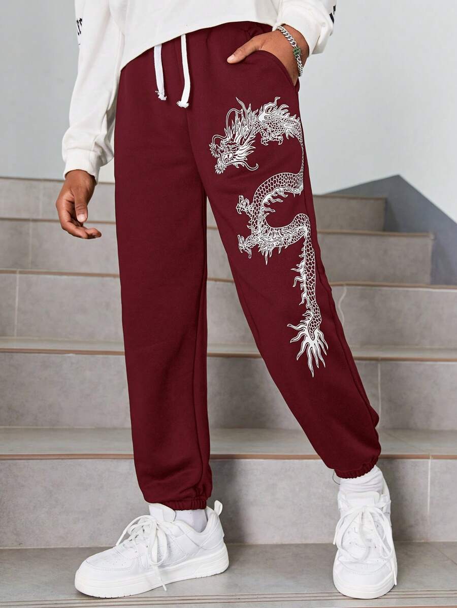 SHEIN Boys' Loose Fit Dragon Pattern Drawstring Waist Joggers - Burgundy - View 1