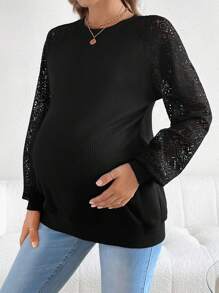 SHEIN 孕妇纯色蕾丝拼接灯笼袖运动衫，适合冬季 - 黑色 - 查看 3