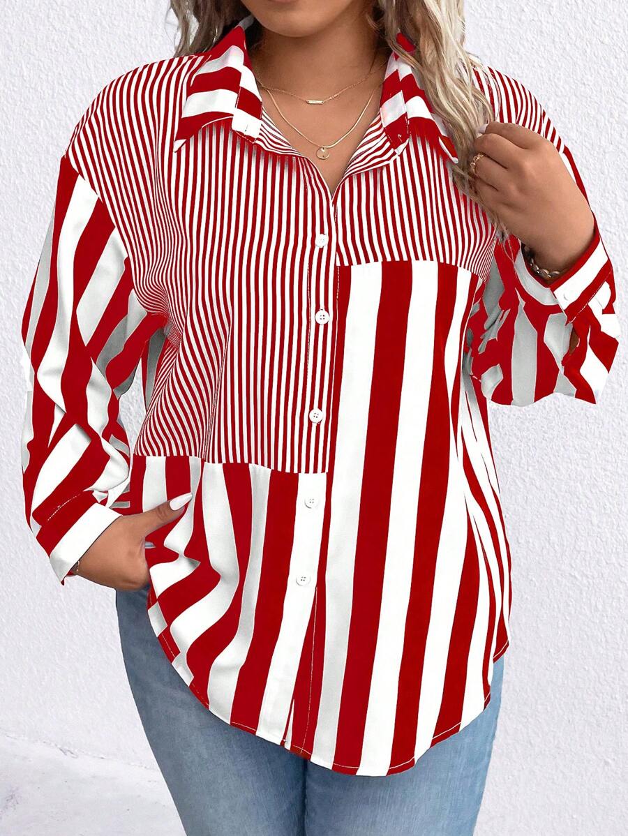 EMERY ROSE Women's Plus Size Striped Shirt For New Year Clothes Fall Cloth For Women - Red - View 1