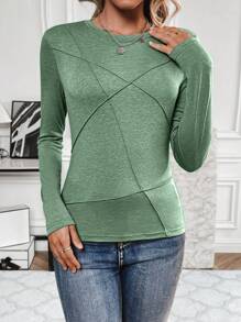 SHEIN LUNE 女式露縫短款t卹 - 綠色 - 查看 4