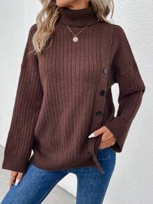 SHEIN LUNE Của phụ nữ Áo cao cổ Thả vai Có nút Áo len - Cà phê nâu - Xem 1