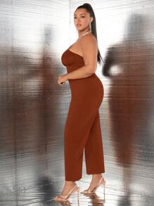 SHEIN SXY 大尺碼女式一肩網狀長袖連身褲 - 棕色 - 查看 4