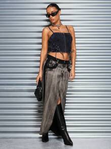 SHEIN BAE 炙熱女孩系帶裝飾牛仔上衣,女式 - 黑色 - 查看 4