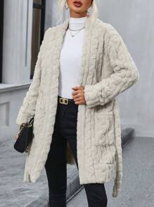 SHEIN LUNE Dual Pocket Belted Teddy Coat - Beige - View 5