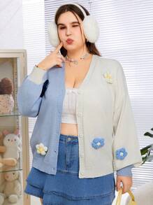SHEIN EZwear 大尺碼女士色塊開衫,3d花卉設計 - 彩色 - 查看 5