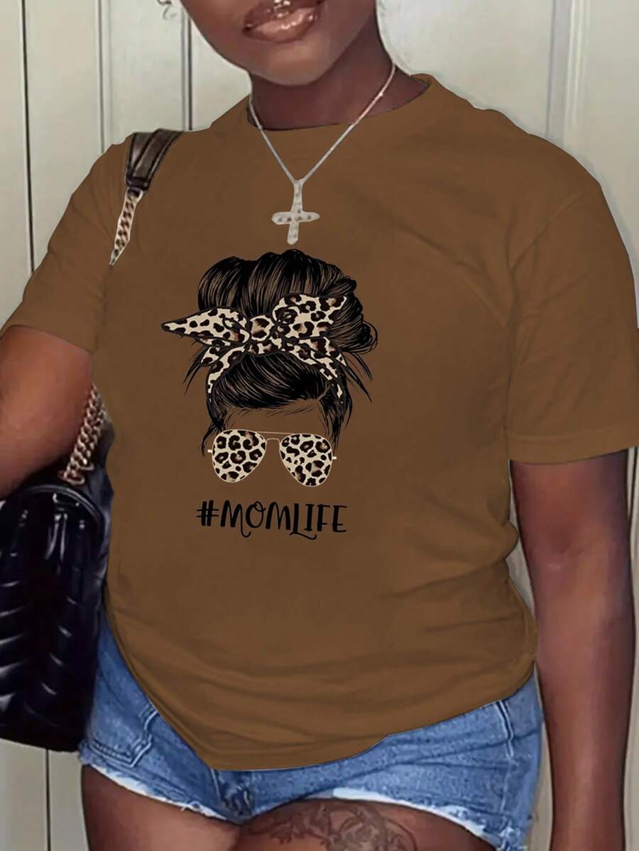 SHEIN Slayr 女款短袖t卹,印有角色和字母圖案 - 棕色 - 查看 1