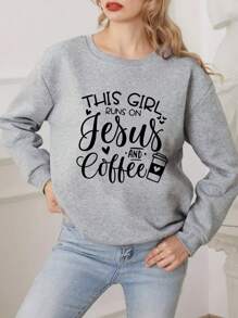 SHEIN LUNE 女士灰色圓領套頭衫,合身剪裁,長袖和印花圖案 - 灰色 - 查看 1