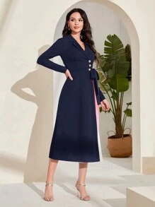 Modelyn Women's Gradient Pleated Belt Dress - Navy Blue - View 3