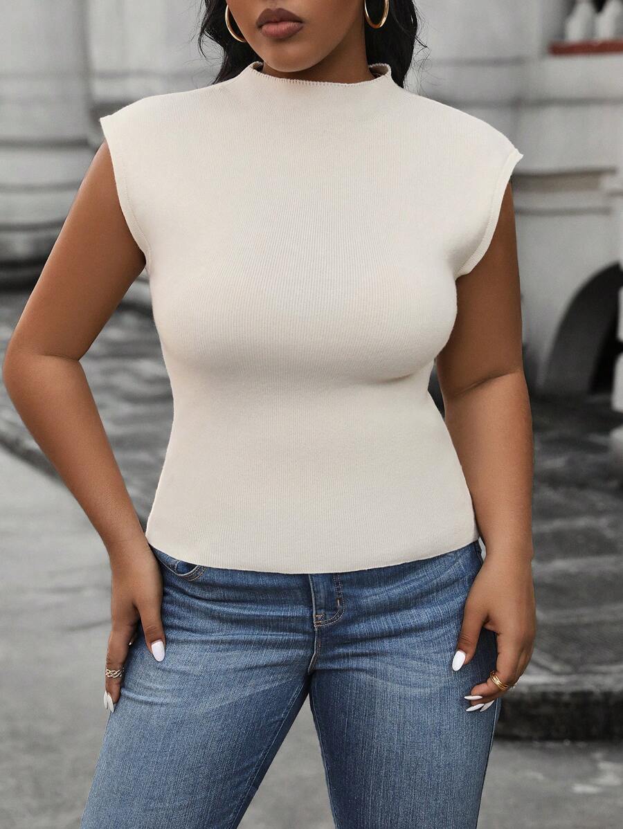 Calvaya Kích thước lớn Màu thuần Cổ giả Knit ngọn - Màu be - Xem 1