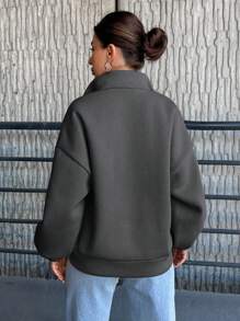 SHEIN Cottnline Women'S Solid Color Drop Shoulder Front Zipper Sweatshirt - Dark Grey - View 2