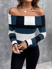 SHEIN Privé Color Block Off Shoulder Fashionable Women'S Sweater - Blue - View 6
