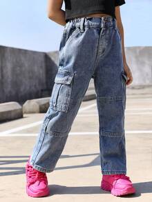 女小童側翻蓋口袋工裝牛仔褲 - 淺色水洗藍 - 查看 3