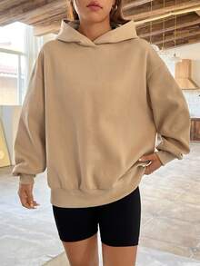 SHEIN EZwear 女款後背字母印花下垂肩連帽衫 - 卡其色 - 查看 3