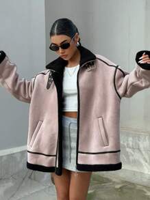 DAZY Của phụ nữ Vá lại Sọc Vòng cổ Thả vai Áo khoác - Bụi tím - Xem 1