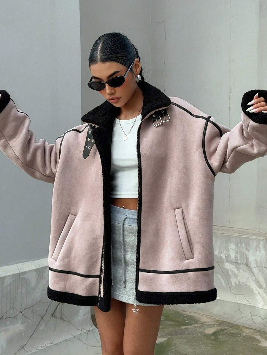 DAZY Của phụ nữ Vá lại Sọc Vòng cổ Thả vai Áo khoác - Bụi tím - Xem 1