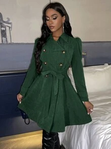 Slaydiva 泡泡袖雙排扣束帶風衣 - 墨綠色 - 查看 4