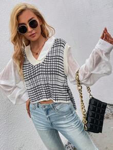 SHEIN Essnce Của phụ nữ Kẻ sọc Áo len dệt kim Với Xếp li Tay áo dài - Đen và trắng - Xem 4