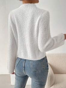 SHEIN LUNE Màu thuần Tay áo lồng đèn Một nửa Áo cao cổ 	
Fuzzy Áo len - trắng - Xem 2